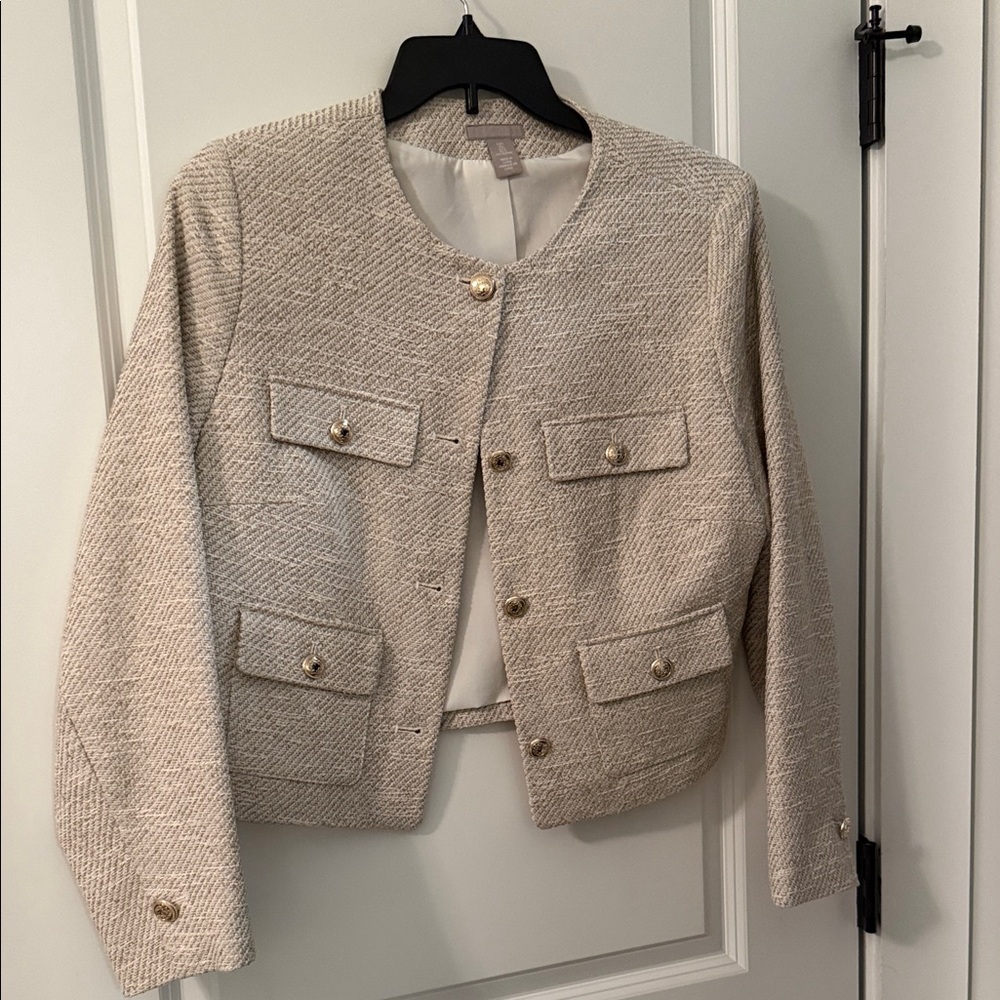 H&M Beige Textured Blazer with Gold Accents